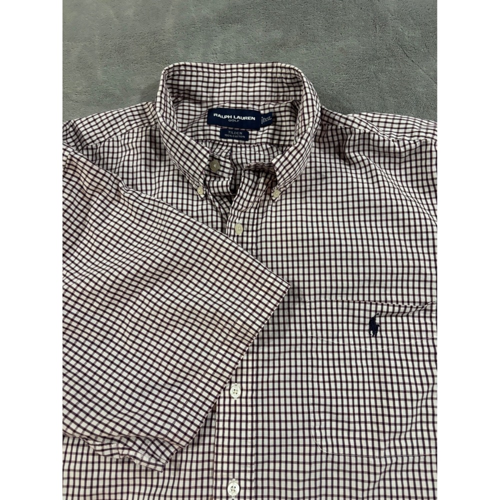 Ralph Lauren Golf Tilden Shirt Mens XXL Burgundy White Check Short Sleeve Cotton